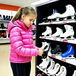 ** A young girl meticulously selecting ice skates at a sporting goods store. A knowledgeable consultant assists her, emphasizing the importance of proper fit and ankle support. The scene highlights the safety aspects of choosing the right skates.

**