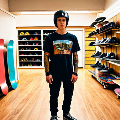 Home 21 A young adult, with a slightly overwhelmed but determined expression, stands in a brightly lit, specialized skate shop. They are looking intently at two pristine boards laid out before them: a classic street skateboard and a longer, wider longboard. Essential safety gear, including a sleek helmet and robust knee pads, is prominently displayed nearby. The shop's background is filled with various other skate decks and gear, suggesting a world of possibilities. The atmosphere is inviting and hopeful, emphasizing the excitement of beginning a new hobby. High-resolution, dynamic angle, vibrant colors.