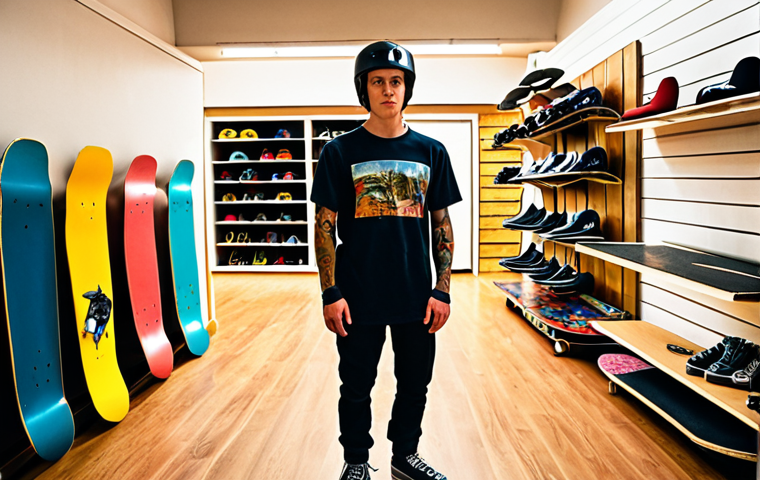 A young adult, with a slightly overwhelmed but determined expression, stands in a brightly lit, specialized skate shop. They are looking intently at two pristine boards laid out before them: a classic street skateboard and a longer, wider longboard. Essential safety gear, including a sleek helmet and robust knee pads, is prominently displayed nearby. The shop's background is filled with various other skate decks and gear, suggesting a world of possibilities. The atmosphere is inviting and hopeful, emphasizing the excitement of beginning a new hobby. High-resolution, dynamic angle, vibrant colors.