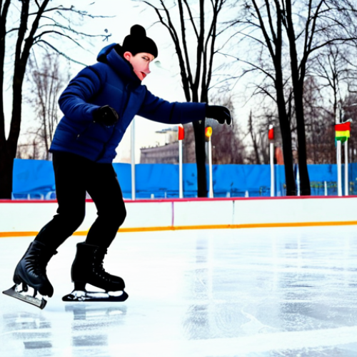 Home 20 A novice skater, fully clothed in warm winter attire, practices on an outdoor ice rink in Moscow's Gorky Park. The skater is wearing stiff, supportive skates with high ankles for stability. The scene is safe for work, family-friendly, and depicts appropriate content. Focus on proper finger count, perfect anatomy, and natural proportions. Include a background of colorful lights and snow-covered trees, captured in professional photography.