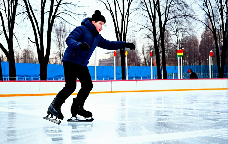 A novice skater, fully clothed in warm winter attire, practices on an outdoor ice rink in Moscow's Gorky Park. The skater is wearing stiff, supportive skates with high ankles for stability. The scene is safe for work, family-friendly, and depicts appropriate content. Focus on proper finger count, perfect anatomy, and natural proportions. Include a background of colorful lights and snow-covered trees, captured in professional photography.