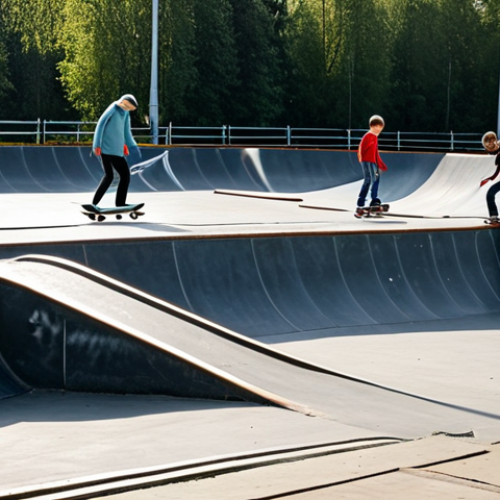 Home 11 **Image Prompt:** A well-maintained skatepark in Moscow on a sunny day, with several fully clothed skateboarders of various ages practicing tricks on ramps and rails, appropriate content, safe for work, perfect anatomy, professional photography, high quality, family-friendly environment.