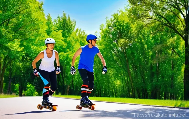 스케이트 여름철 관리법 - **Prompt 1: Joyful Summer Rollerblading**
    "A vibrant and dynamic image of a person rollerblading...