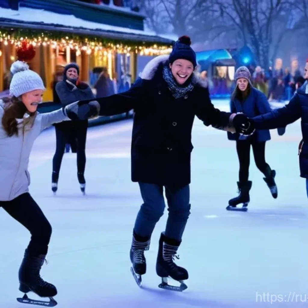 스케이트의 이점과 단점 - A group of diverse adults and teenagers joyfully ice skating outdoors on a bustling ice rink, surrou...