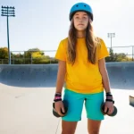 스케이트 사고 사례 - A dynamic shot of a young, energetic female skateboarder in her late teens, standing confidently at ...