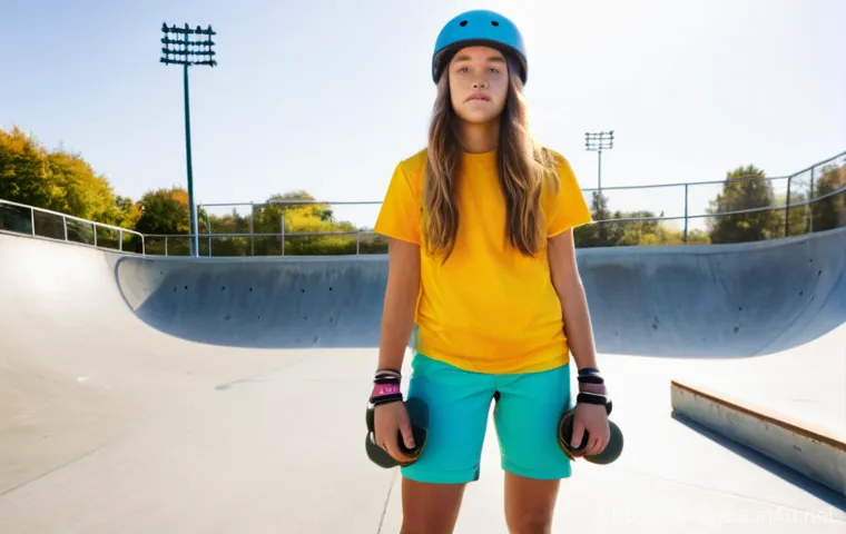 스케이트 사고 사례 - A dynamic shot of a young, energetic female skateboarder in her late teens, standing confidently at ...