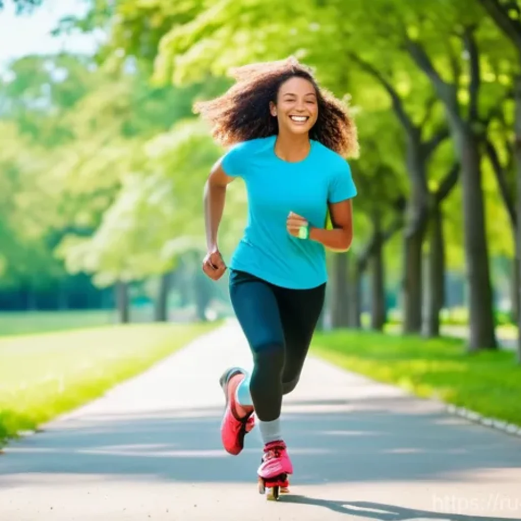 스케이트로 칼로리 소모하기 - **Prompt:** "A vibrant, dynamic full-body shot of a young adult, approximately 20-25 years old, roll...