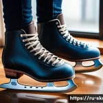스케이트 유지보수 팁 - A detailed close-up of a pair of modern ice skates placed on a wooden stand indoors, drying in a wel...