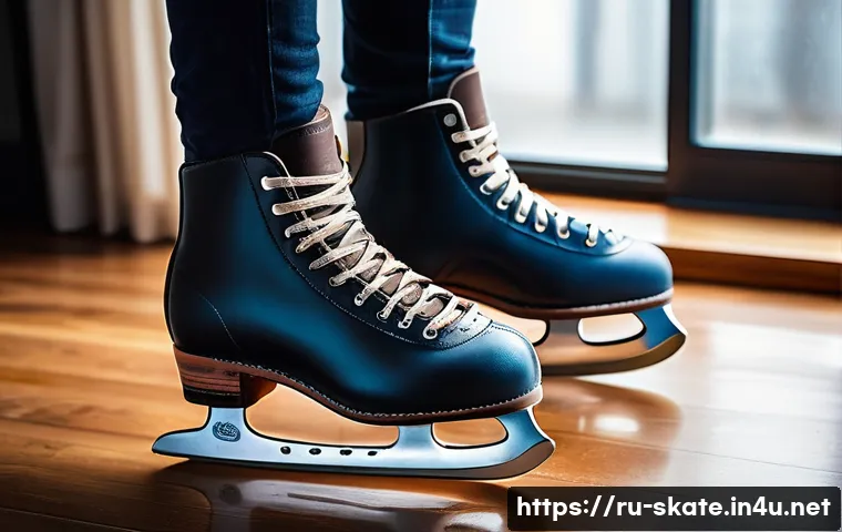 스케이트 유지보수 팁 - A detailed close-up of a pair of modern ice skates placed on a wooden stand indoors, drying in a wel...