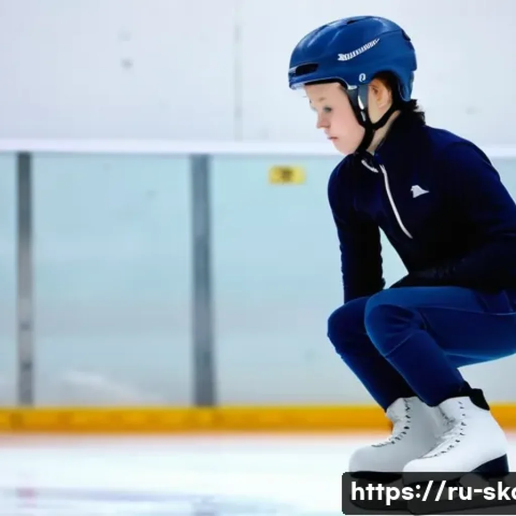 스케이트 기술 마스터하기 - A beginner ice skater practicing correct posture on an indoor rink in Moscow, wearing supportive ank...