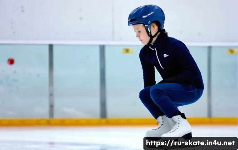스케이트 기술 마스터하기 - A beginner ice skater practicing correct posture on an indoor rink in Moscow, wearing supportive ank...