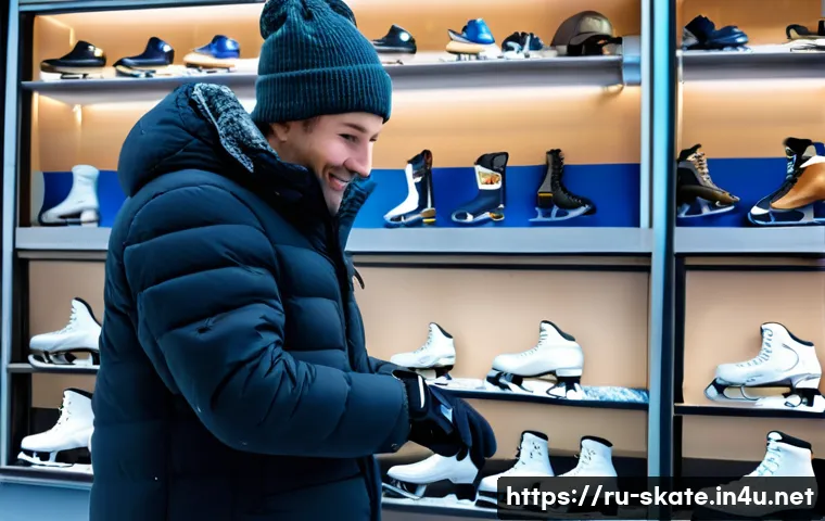 스케이트 대여 서비스 정보 - A cozy ice skating rental shop in Moscow near a busy outdoor rink, showing a variety of ice skates n...