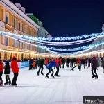 Home 19 스케이트 역사와 문화 - A lively outdoor ice skating rink in a Russian city park during winter evening, filled with people o...