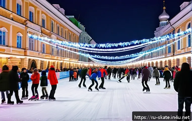 스케이트 역사와 문화 - A lively outdoor ice skating rink in a Russian city park during winter evening, filled with people o...