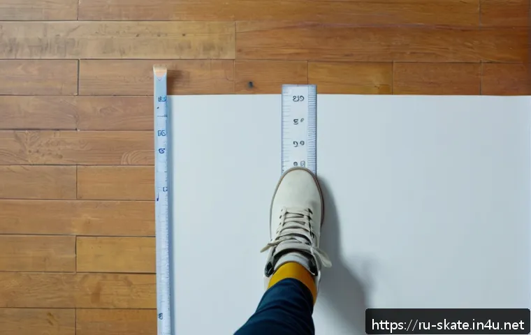 스케이트 사이즈 측정 방법 - A detailed close-up of a person’s foot being measured for ice skates on a large white sheet of paper...